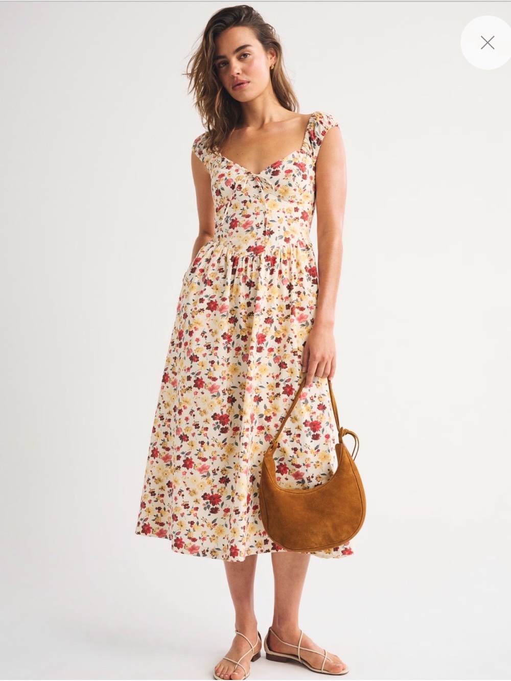 Abercrombie & Fitch Cream Floral Midi Dress with Pink & Red Flowers